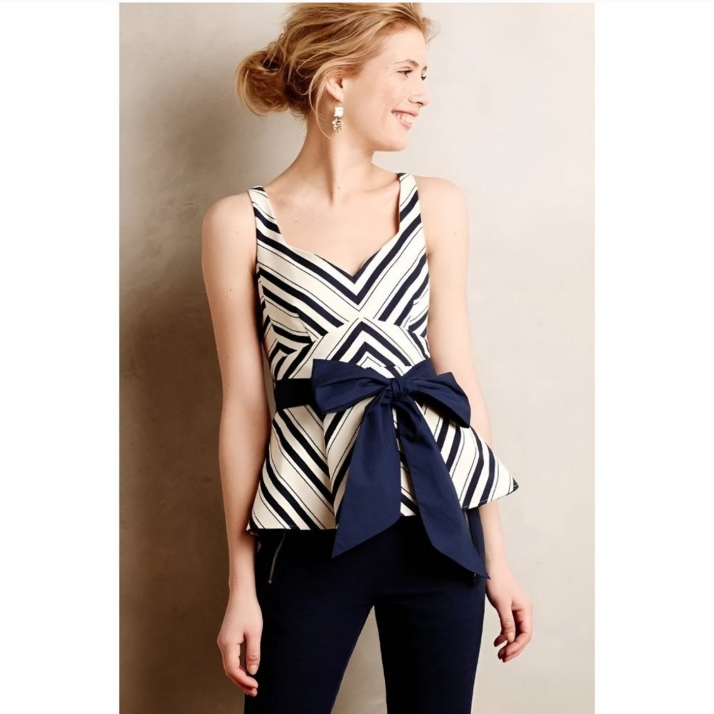 NEW Anthropologie Maeve Striped Peplum sleeveless tie waist Sash blouse